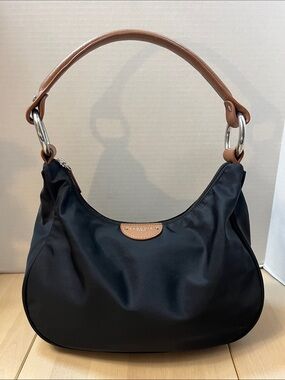 Sequoia Paris Black Nylon Shoulder Bag w/ Brown Leather & Silver Tone Trim